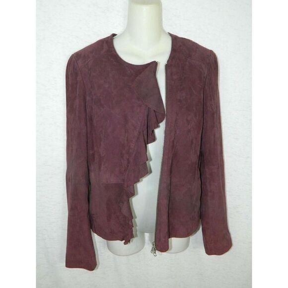 Saks‎ Fifth Avenue Jacket Size 8 Burgundy Suede Moto Ruffle - Picture 4 of 8